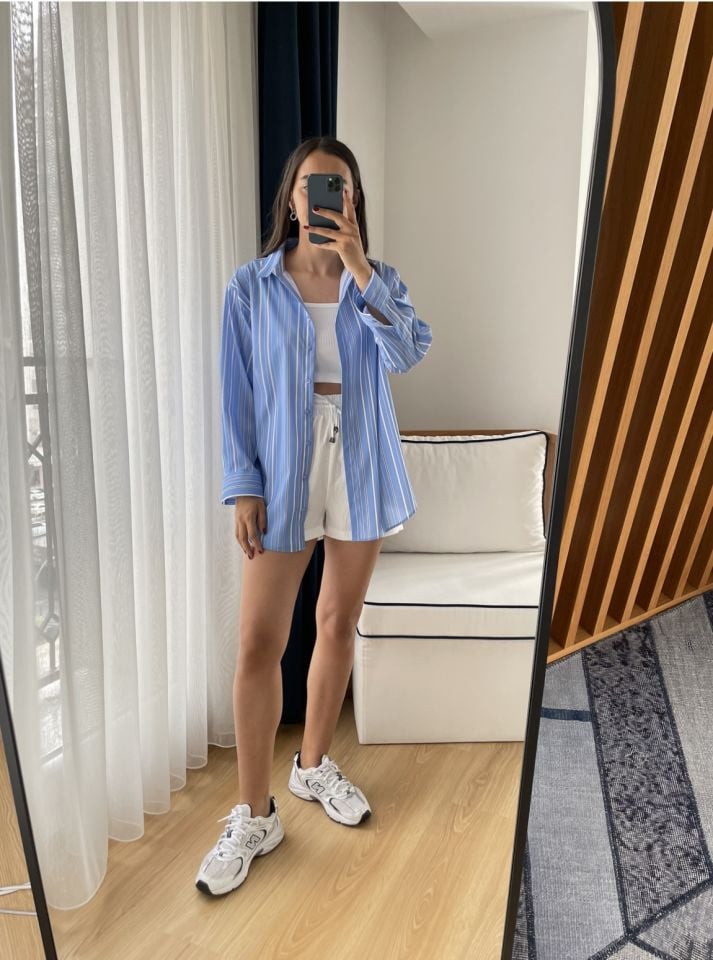 Celeste Çizgili Premium Oversize Poplin Gömlek