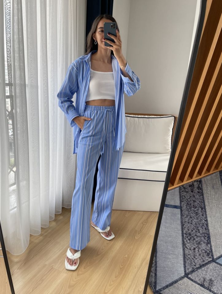 Celeste Çizgili Premium Oversize Poplin Gömlek