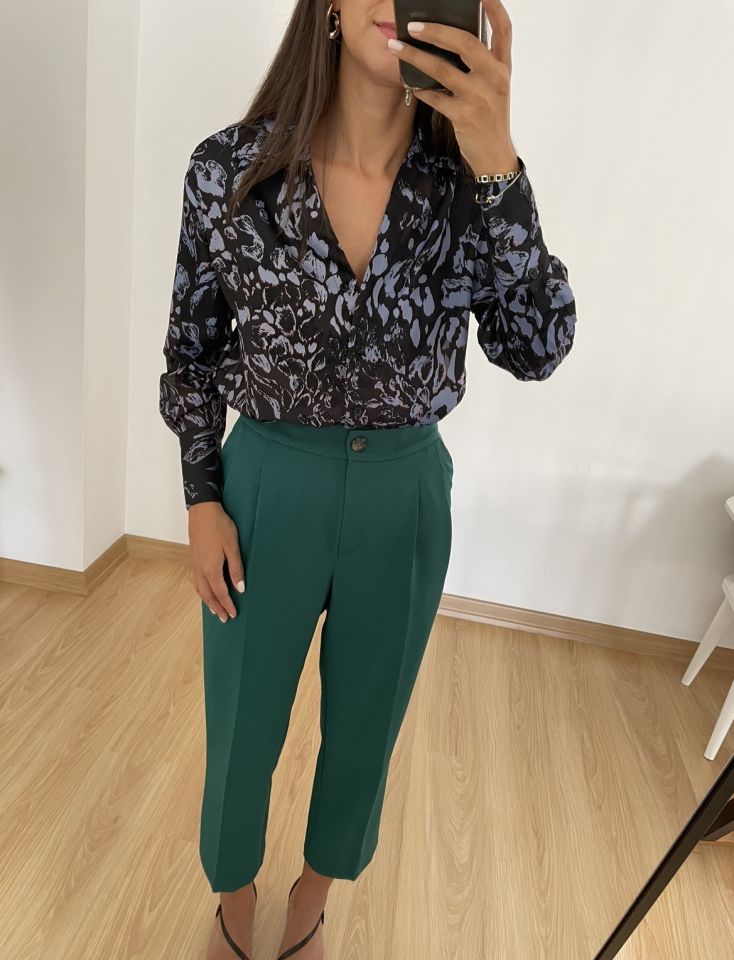 Maelle Siyah Mavi Desenli Yırtmaçlı Gömlek