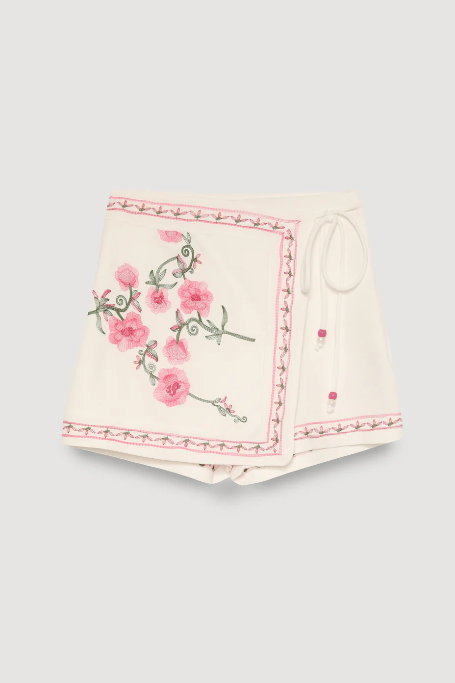 Mila Ekru Nakış Çiçek Desenli Premium Şort Etek