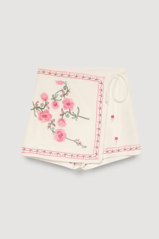 Mila Ekru Nakış Çiçek Desenli Premium Şort Etek