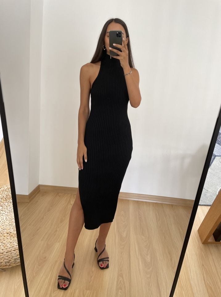 Cora Siyah Yırtmaçlı Fitilli Elbise