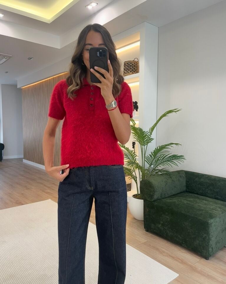 Rebel Kırmızı Polo Yaka Kırçıllı Kazak