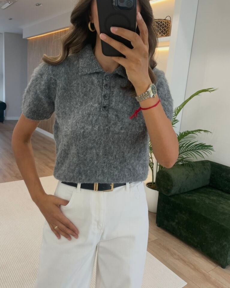Rebel Gri Polo Yaka Kırçıllı Kazak