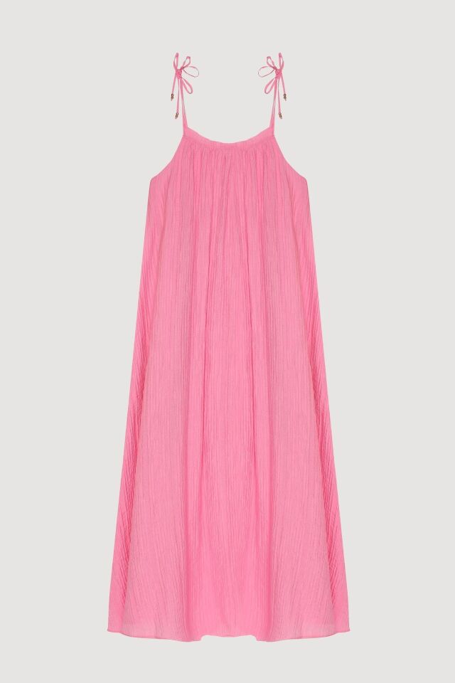 Pembe Askılı Premium Gofre Kumaş Elbise