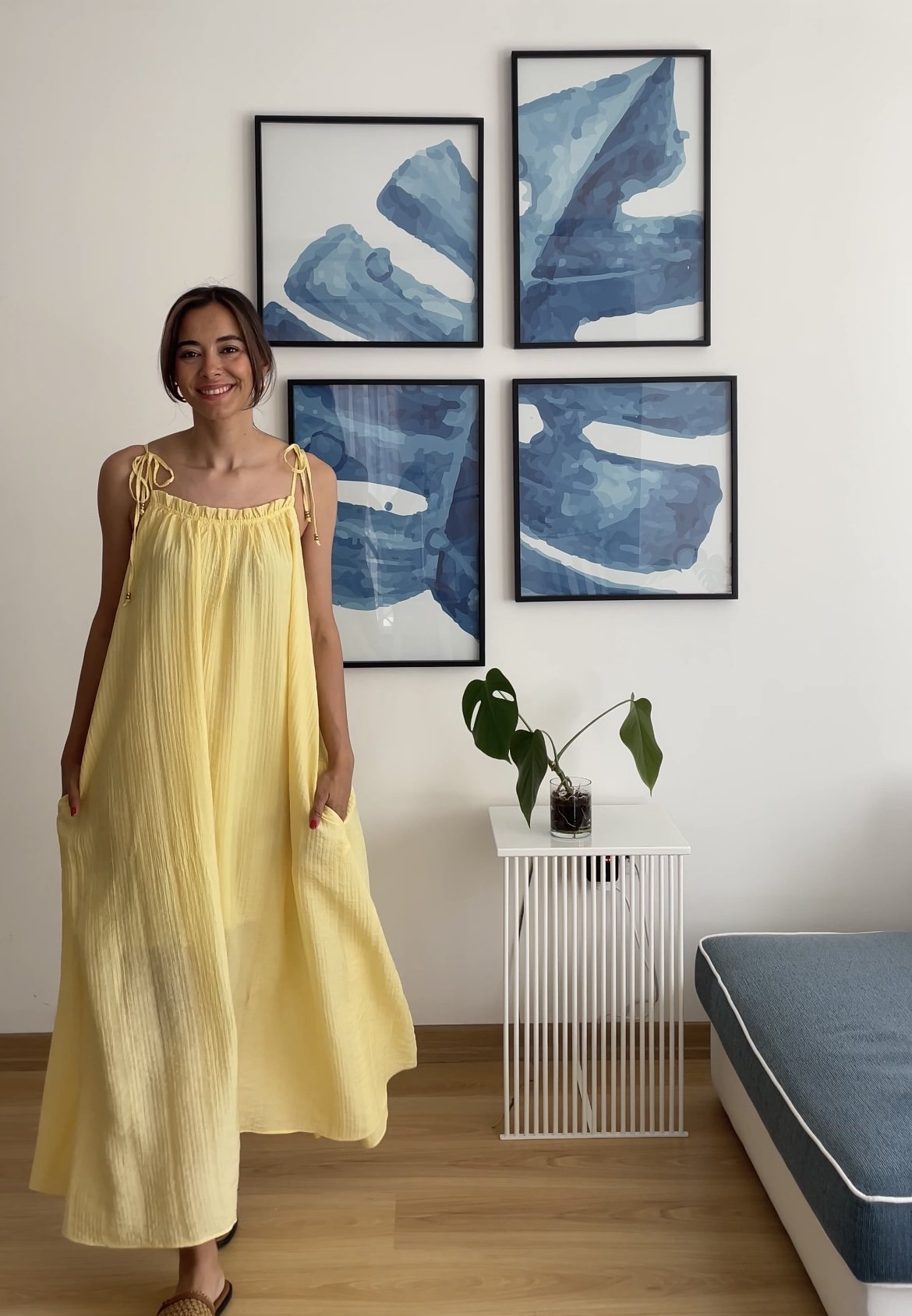 Sarı Askılı Premium Gofre Kumaş Elbise