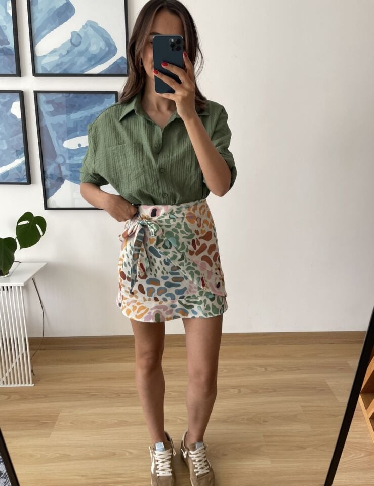 Nova Çok Renkli Bağlama Detaylı Keten Etek