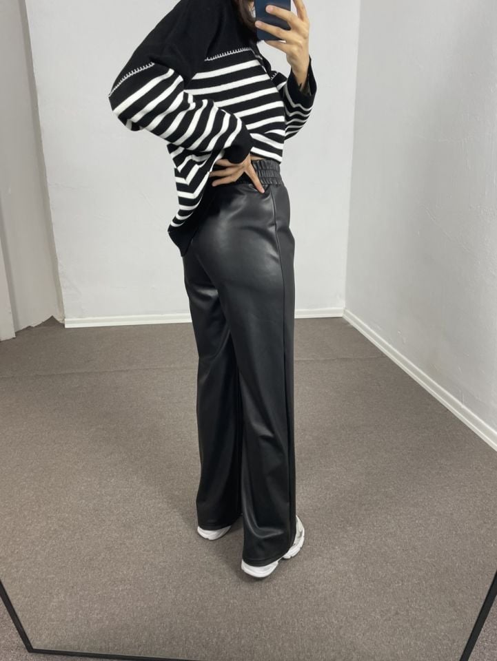 Lorena Siyah Beli Lastikli Deri Pantolon