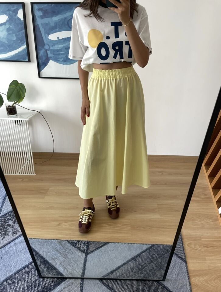 Luna Sarı Beli Lastikli Cepli Etek