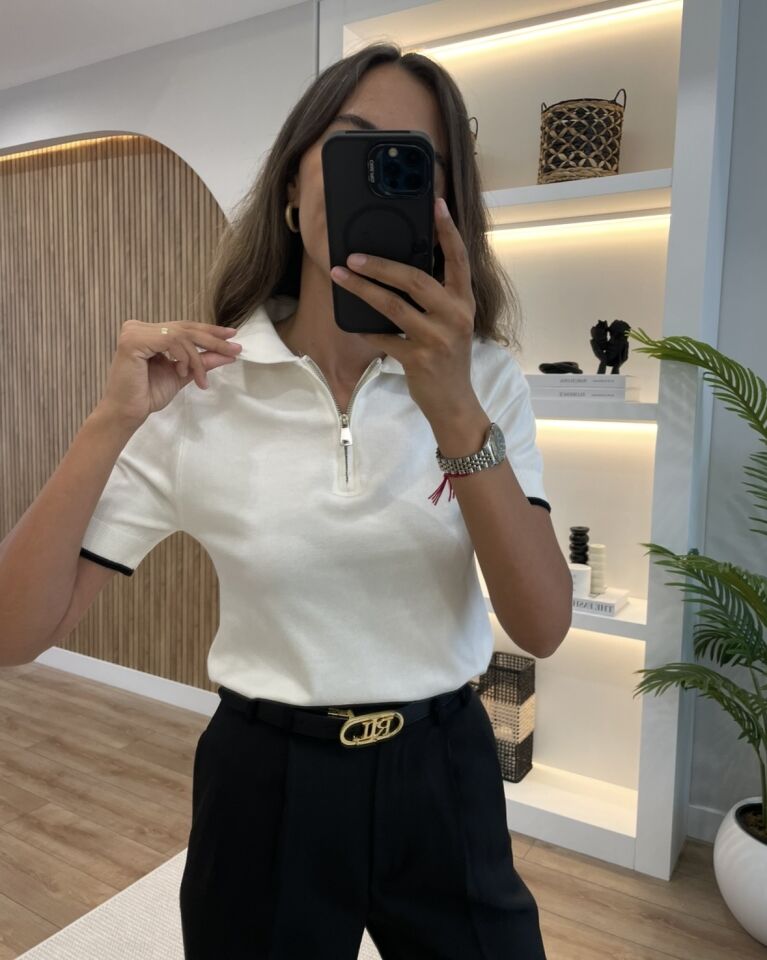 Juno Krem Fermuarlı Polo Yaka Triko