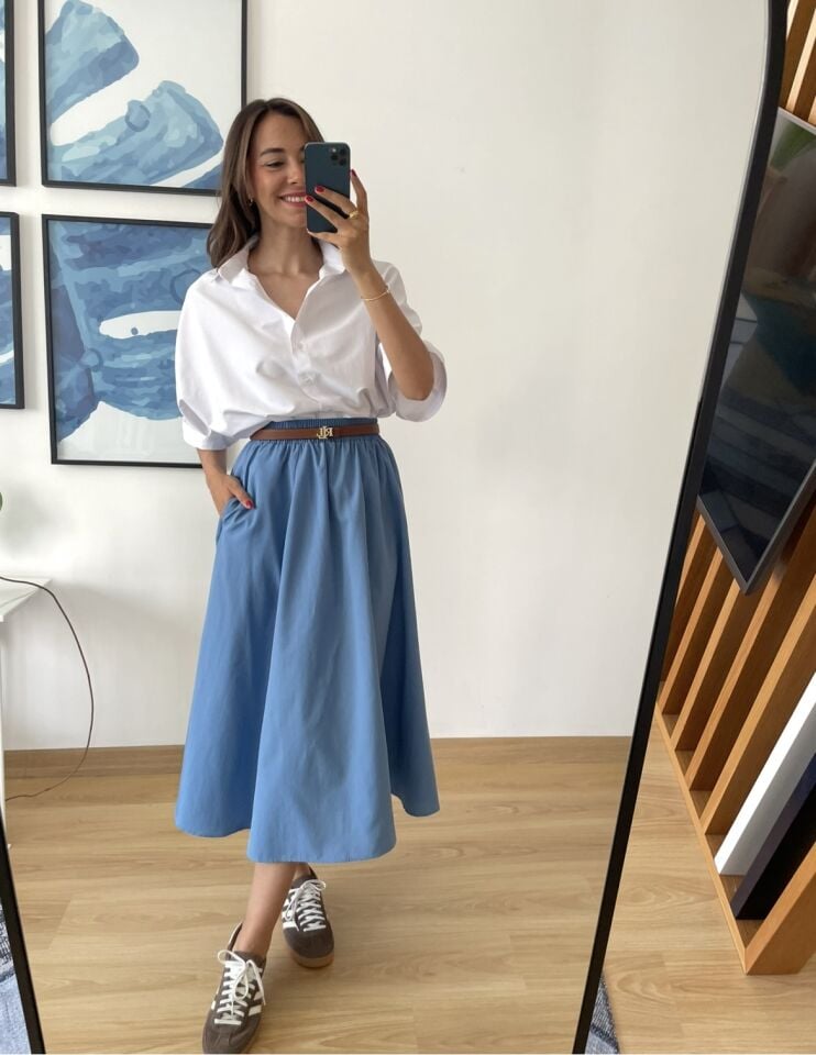 Luna Mavi Beli Lastikli Cepli Etek