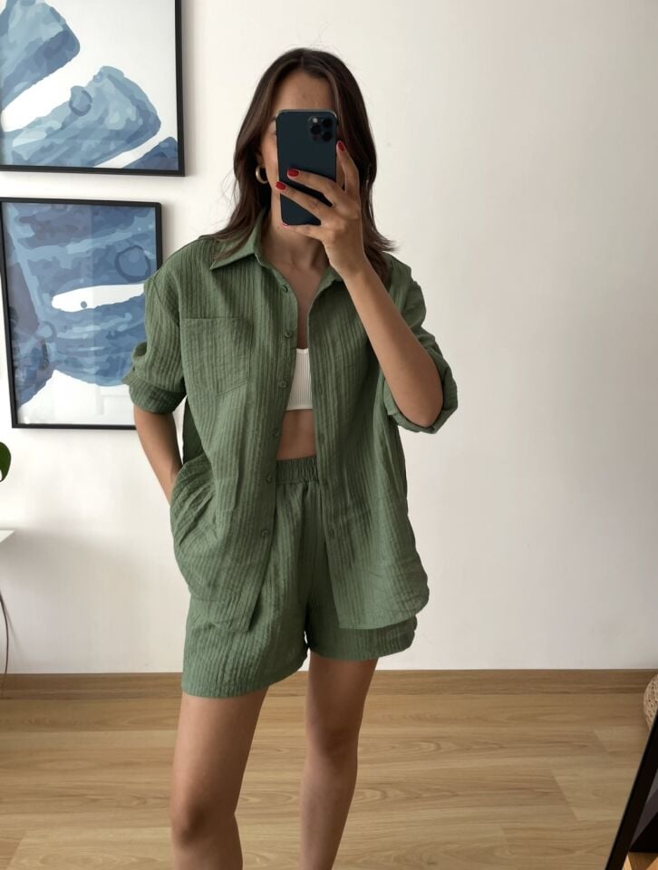 Neris Yeşil Gofre Kumaş Premium Takım