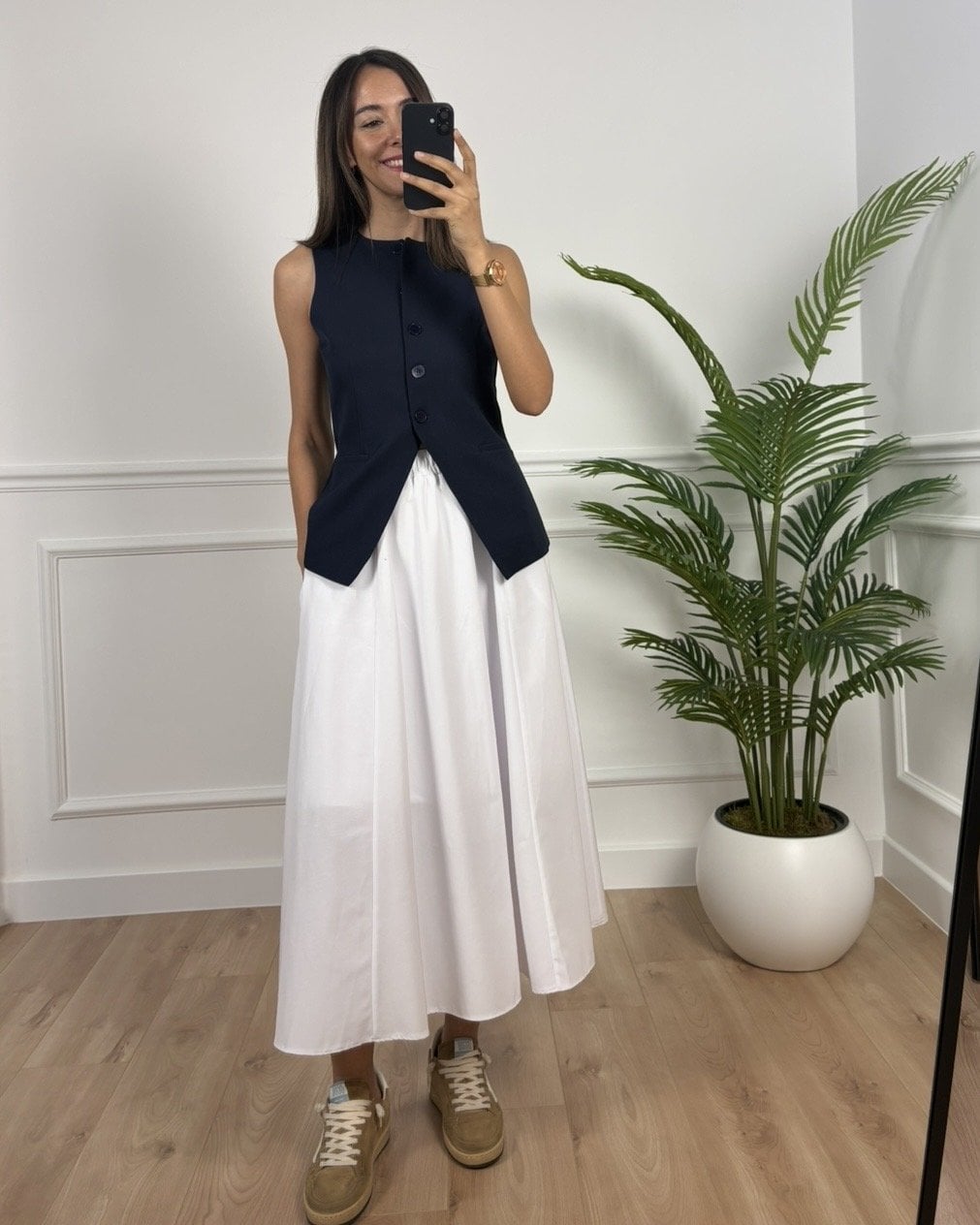 Luna Beyaz Beli Lastikli Cepli Etek