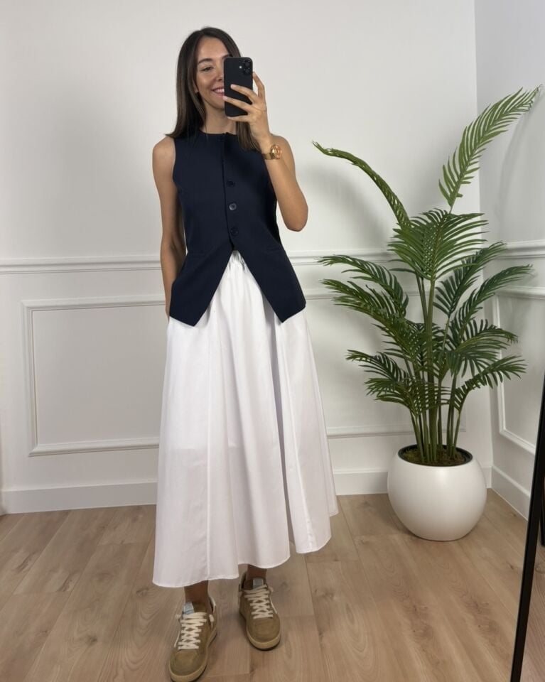 Luna Beyaz Beli Lastikli Cepli Etek