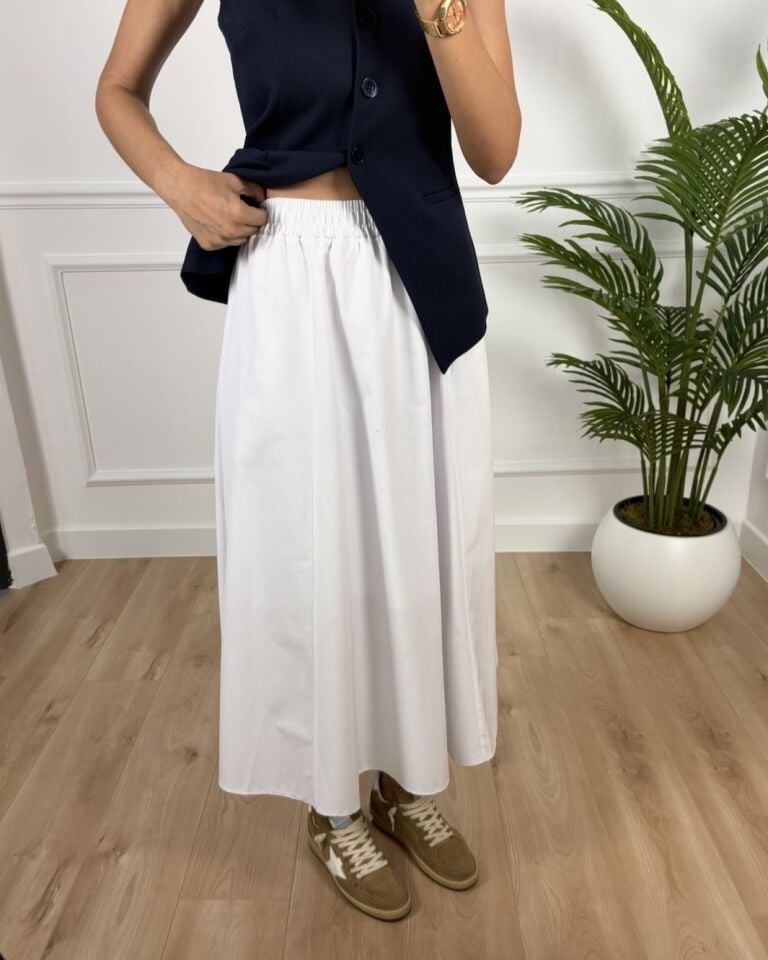 Luna Beyaz Beli Lastikli Cepli Etek