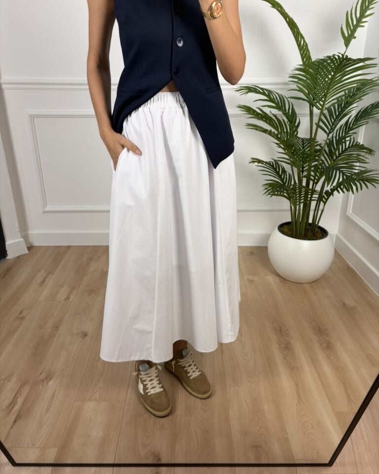 Luna Beyaz Beli Lastikli Cepli Etek