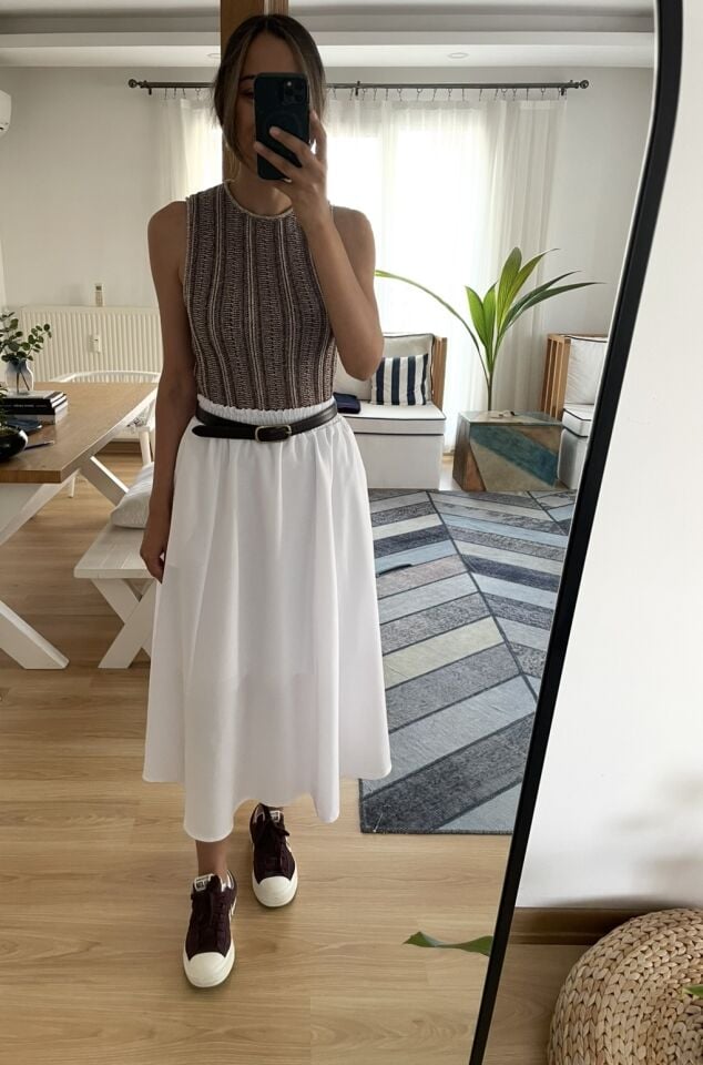 Luna Beyaz Beli Lastikli Cepli Etek