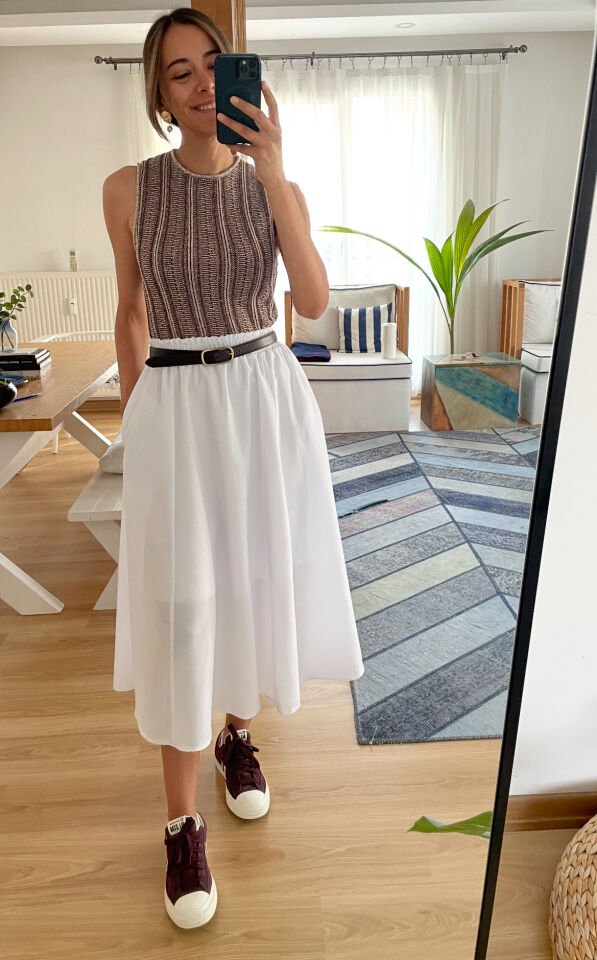 Luna Beyaz Beli Lastikli Cepli Etek