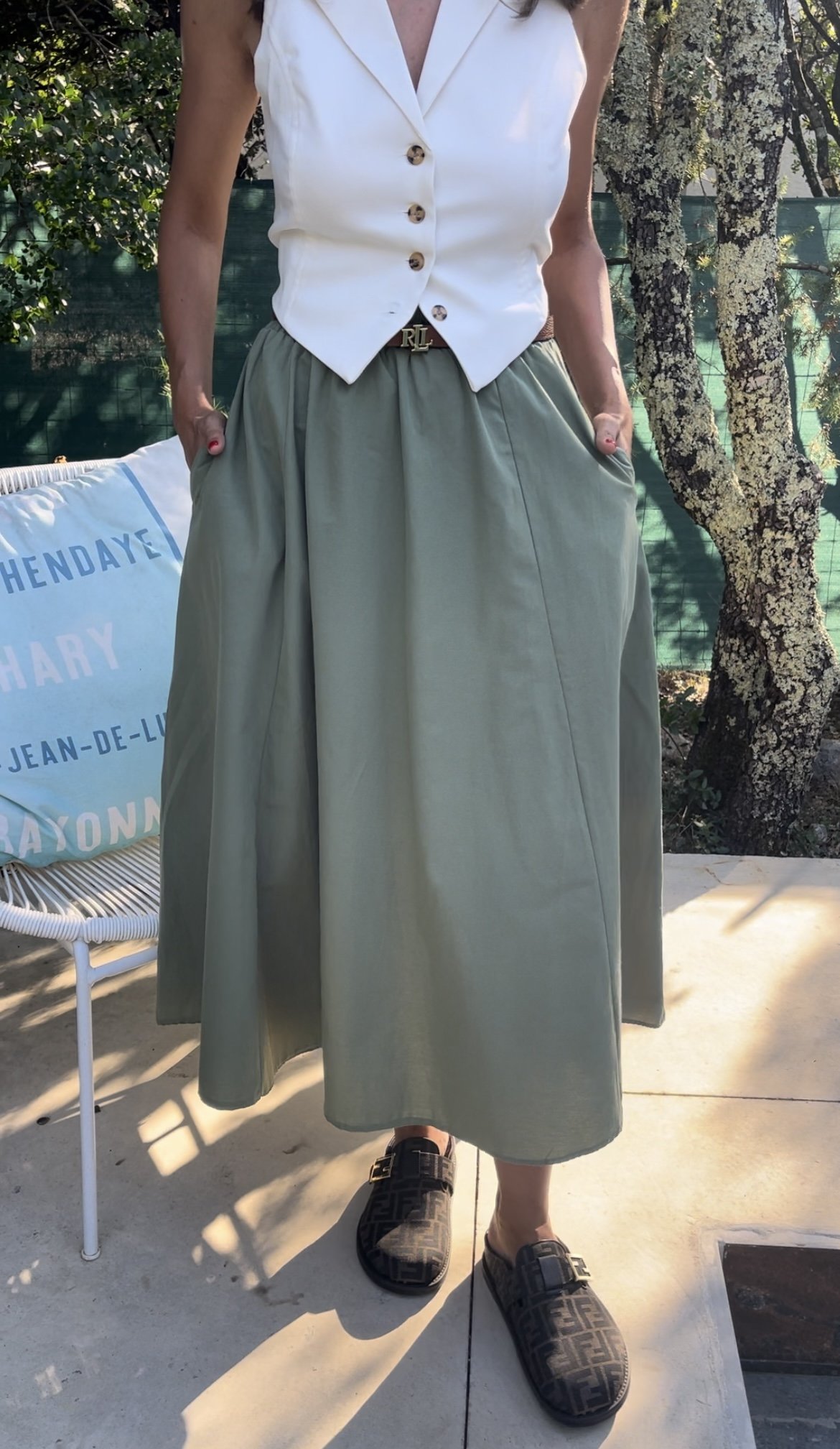 Yeşil Beli Lastikli Cepli Etek