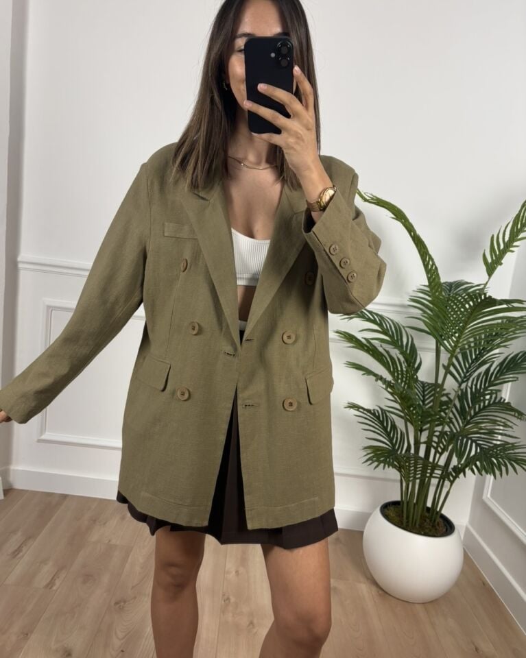 Aria Haki Önü Düğme Detaylı Oversize Ceket