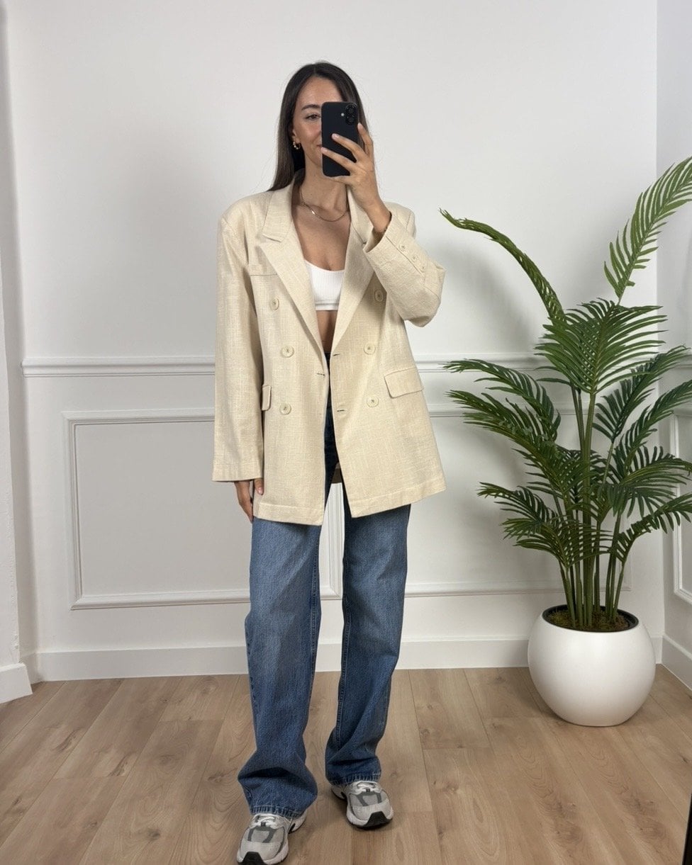 Aria Natural Önü Düğme Detaylı Oversize Ceket