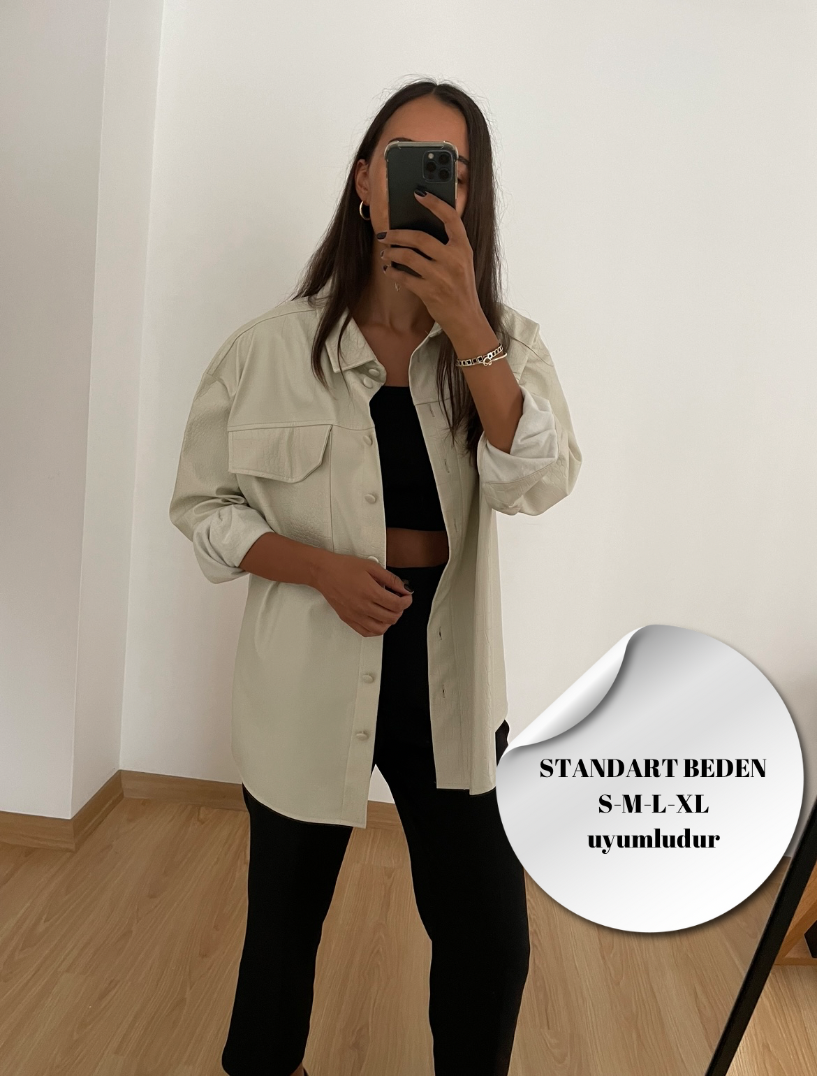 Taş Renk Oversize Deri Gömlek