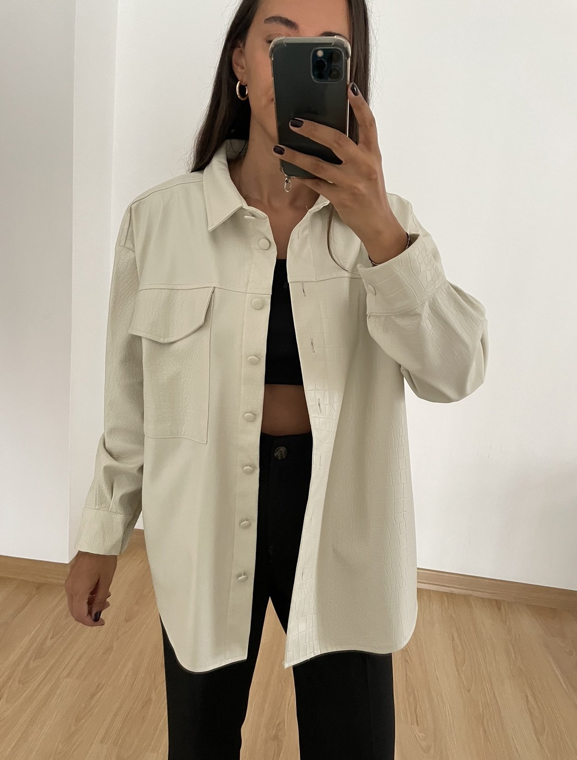 Taş Renk Oversize Deri Gömlek