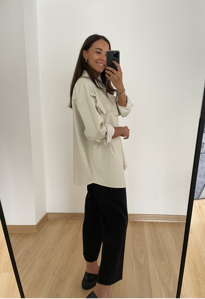Taş Renk Oversize Deri Gömlek