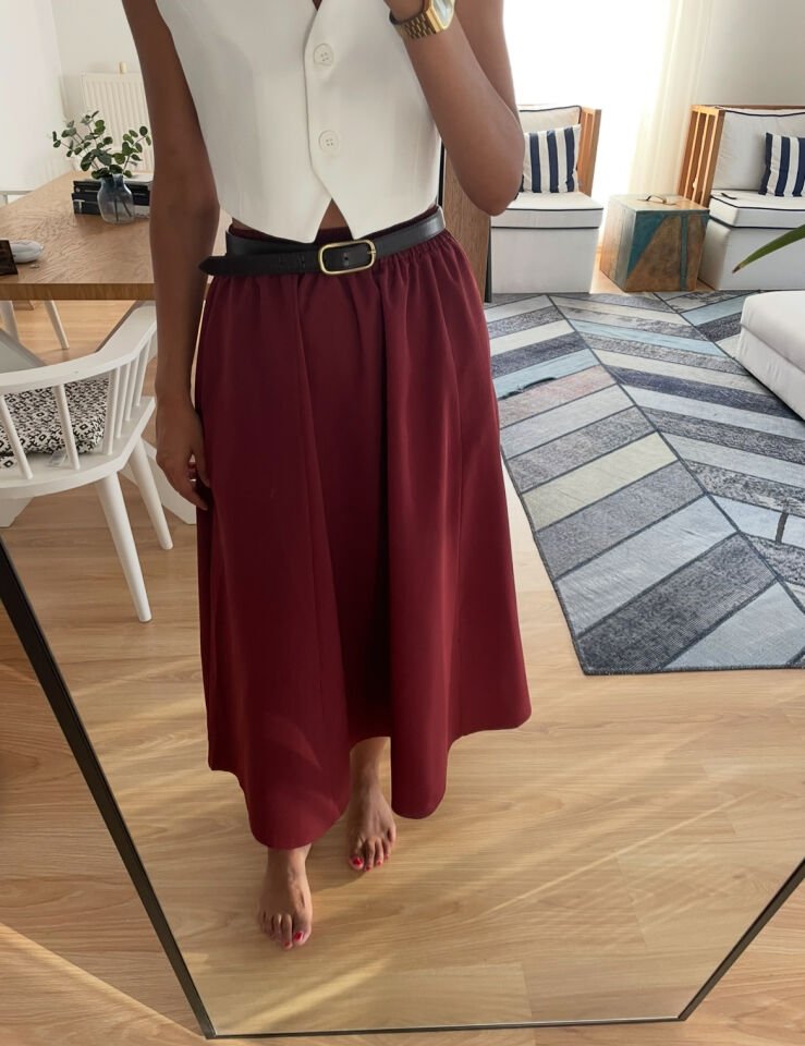 Bordo Beli Lastikli Cepli Etek