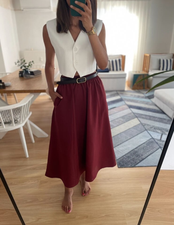 Luna Bordo Beli Lastikli Cepli Etek