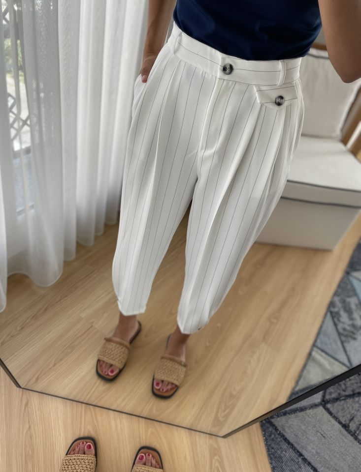 Beyaz Çizgili Premium Pantolon