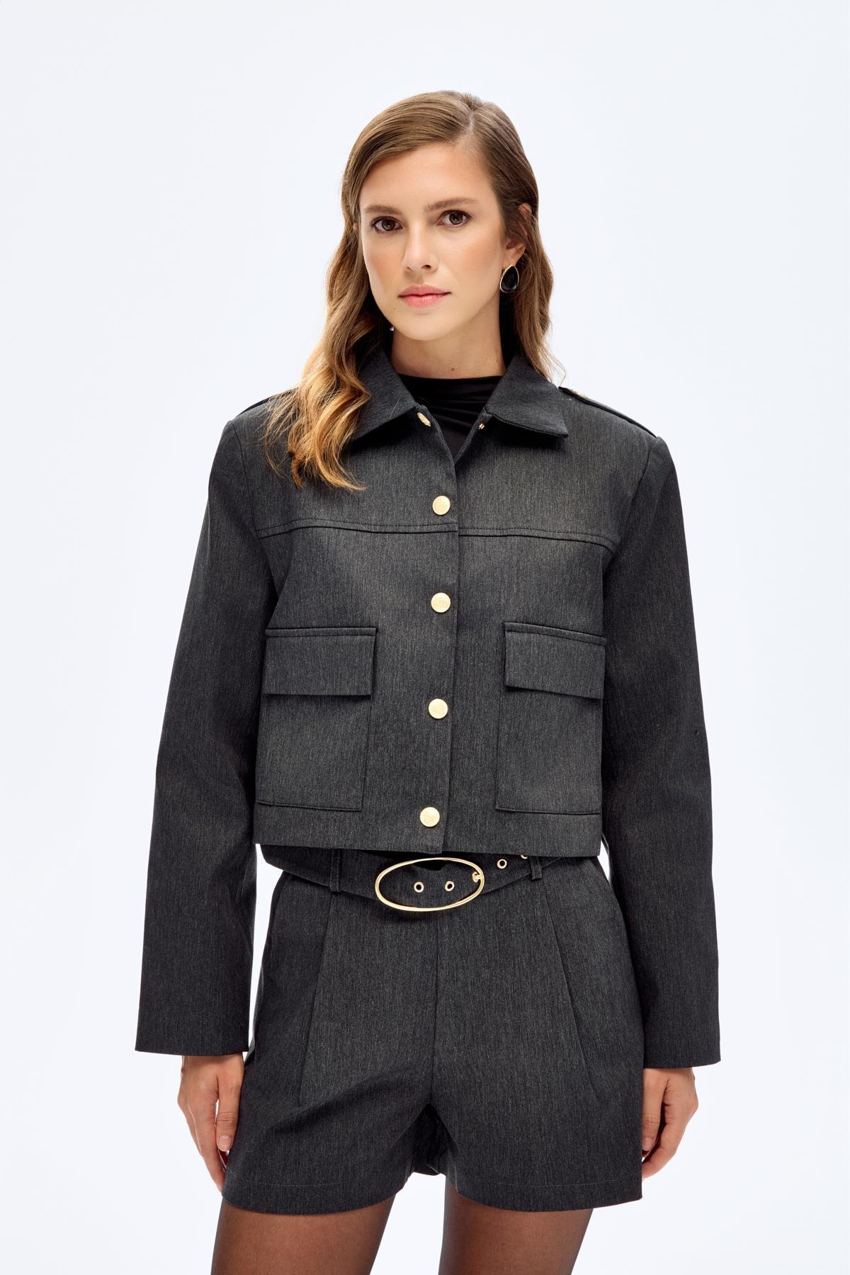 Antrasit Apolet Detaylı Ultra Premium Crop Ceket