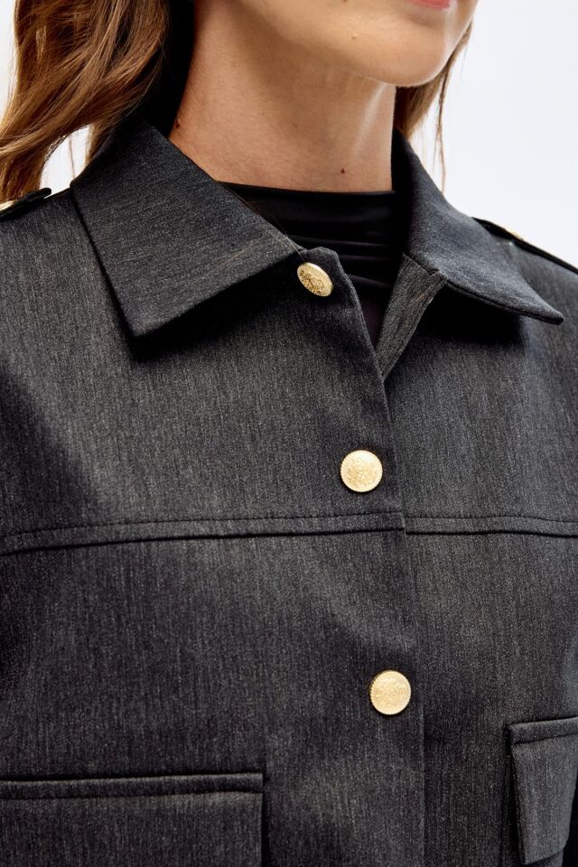 Antrasit Apolet Detaylı Ultra Premium Crop Ceket